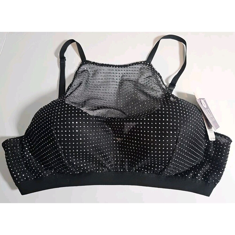 NWT Saki Silver Black Bralette Halter Women's Size L Underwire Lined Mesh Beaded
